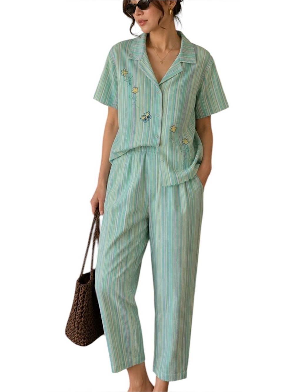 Vintage Mint Stripe Embroidered Shirt Pant Set Petite M/L Grandma Cottagecore